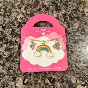 Girl Nation Rainbow Charm Necklace NWT Charming Whimsy Butterly Flowers Gold